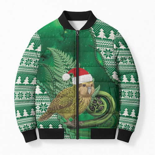 New Zealand Kakapo Christmas In July Bomber Puffer Jacket Silver Fern Santa Xmas Green Color
