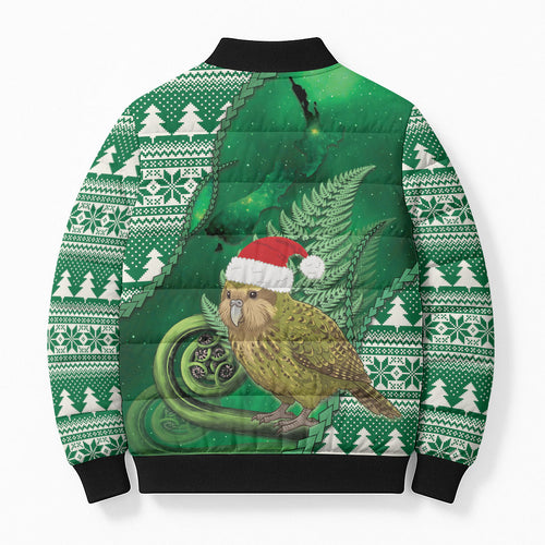 New Zealand Kakapo Christmas In July Bomber Puffer Jacket Silver Fern Santa Xmas Green Color