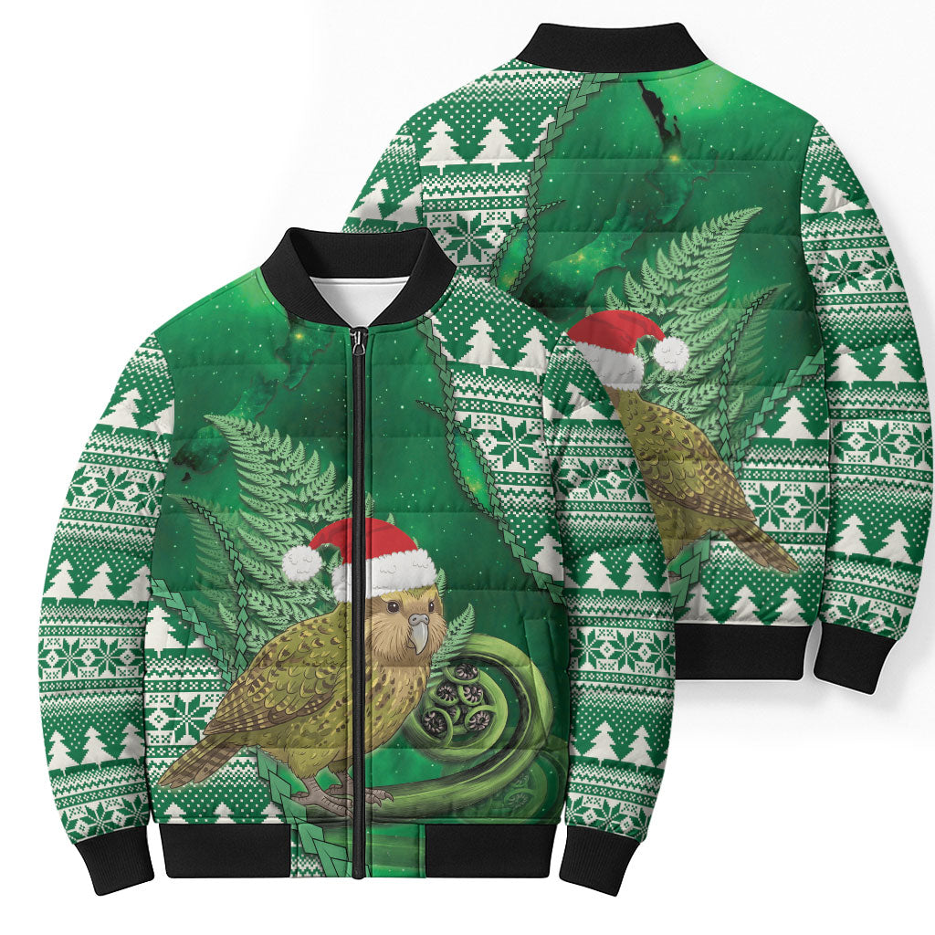 New Zealand Kakapo Christmas In July Bomber Puffer Jacket Silver Fern Santa Xmas Green Color