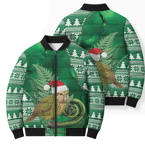 New Zealand Kakapo Christmas In July Bomber Puffer Jacket Silver Fern Santa Xmas Green Color
