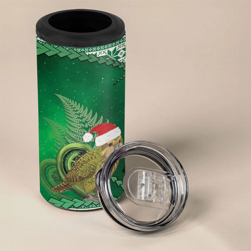 New Zealand Kakapo Christmas In July 4 in 1 Can Cooler Tumbler Silver Fern Santa Xmas Green Color