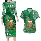 New Zealand Kakapo Christmas In July Couples Matching Long Sleeve Bodycon Dress and Hawaiian Shirt Silver Fern Santa Xmas Green Color
