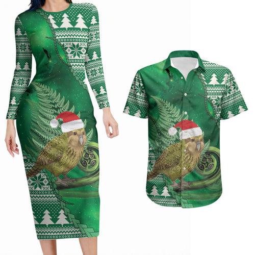New Zealand Kakapo Christmas In July Couples Matching Long Sleeve Bodycon Dress and Hawaiian Shirt Silver Fern Santa Xmas Green Color