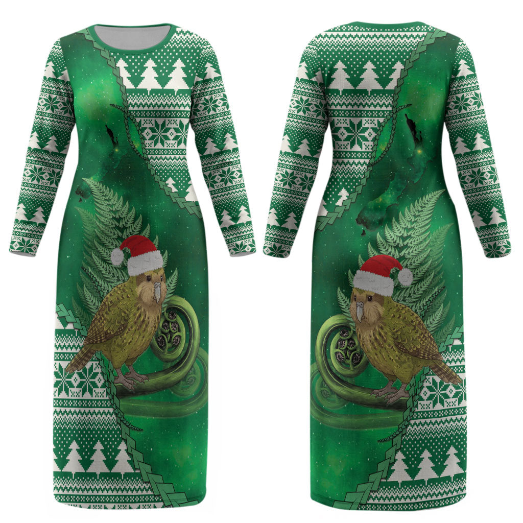 New Zealand Kakapo Christmas In July Couples Matching Long Sleeve Bodycon Dress and Hawaiian Shirt Silver Fern Santa Xmas Green Color LT22