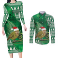 New Zealand Kakapo Christmas In July Couples Matching Long Sleeve Bodycon Dress and Long Sleeve Button Shirt Silver Fern Santa Xmas Green Color