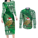 New Zealand Kakapo Christmas In July Couples Matching Long Sleeve Bodycon Dress and Long Sleeve Button Shirt Silver Fern Santa Xmas Green Color