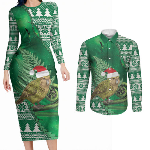New Zealand Kakapo Christmas In July Couples Matching Long Sleeve Bodycon Dress and Long Sleeve Button Shirt Silver Fern Santa Xmas Green Color