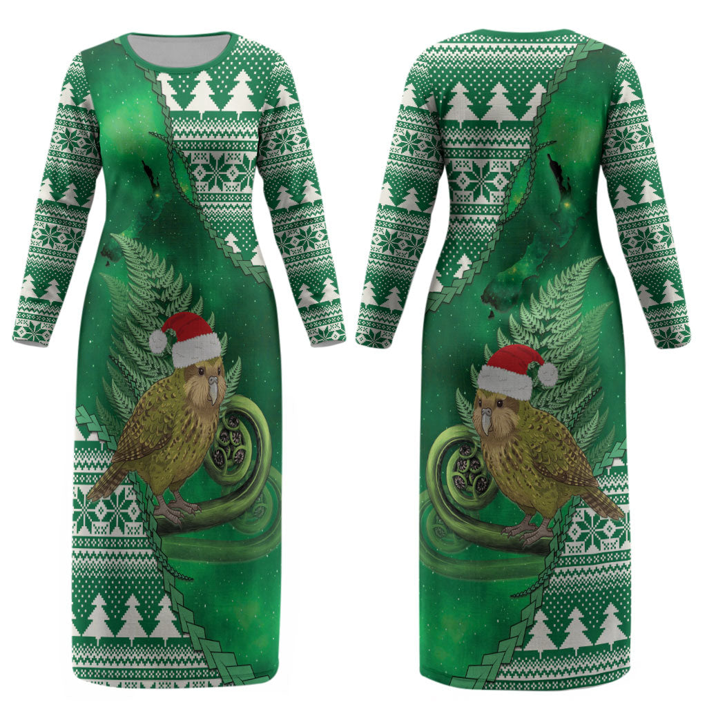 New Zealand Kakapo Christmas In July Couples Matching Long Sleeve Bodycon Dress and Long Sleeve Button Shirt Silver Fern Santa Xmas Green Color LT22