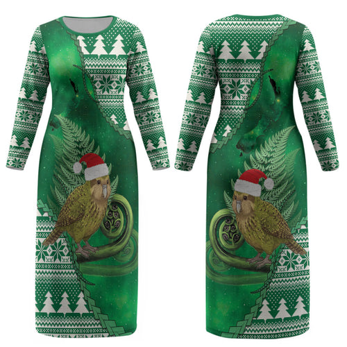 New Zealand Kakapo Christmas In July Couples Matching Long Sleeve Bodycon Dress and Long Sleeve Button Shirt Silver Fern Santa Xmas Green Color LT22