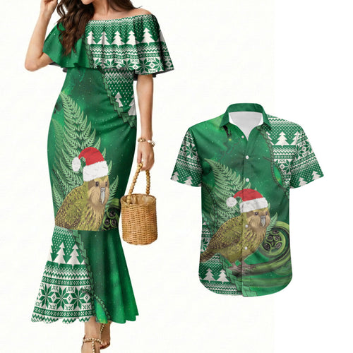New Zealand Kakapo Christmas In July Couples Matching Mermaid Dress and Hawaiian Shirt Silver Fern Santa Xmas Green Color
