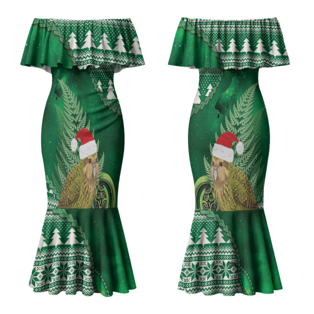 New Zealand Kakapo Christmas In July Couples Matching Mermaid Dress and Hawaiian Shirt Silver Fern Santa Xmas Green Color LT22