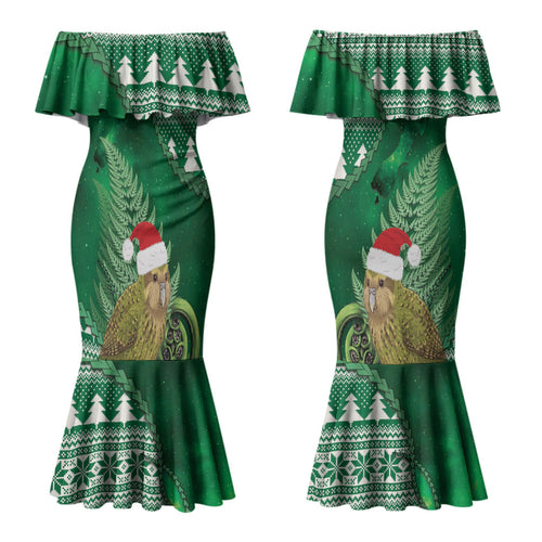 New Zealand Kakapo Christmas In July Couples Matching Mermaid Dress and Hawaiian Shirt Silver Fern Santa Xmas Green Color LT22