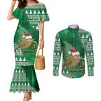 New Zealand Kakapo Christmas In July Couples Matching Mermaid Dress and Long Sleeve Button Shirt Silver Fern Santa Xmas Green Color