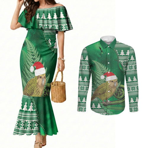 New Zealand Kakapo Christmas In July Couples Matching Mermaid Dress and Long Sleeve Button Shirt Silver Fern Santa Xmas Green Color