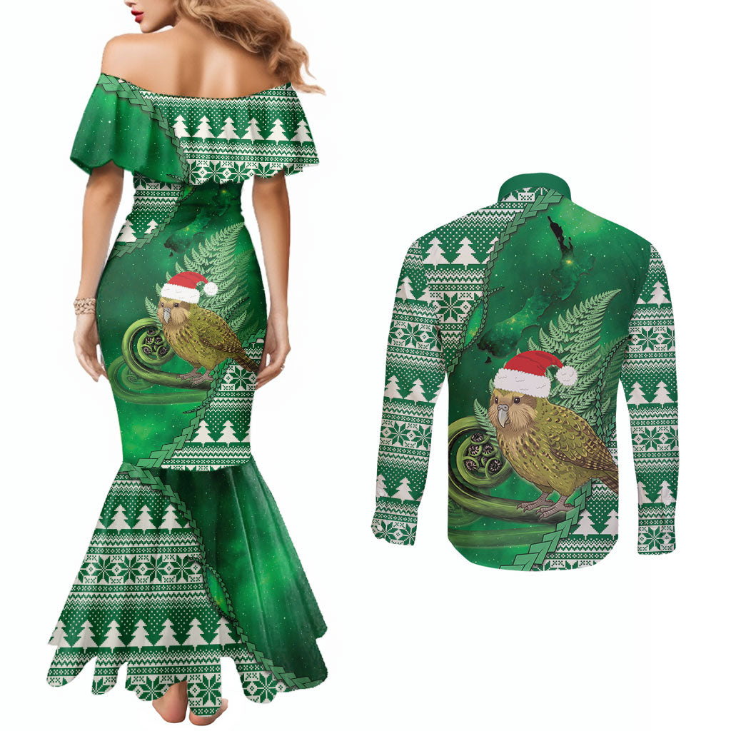 New Zealand Kakapo Christmas In July Couples Matching Mermaid Dress and Long Sleeve Button Shirt Silver Fern Santa Xmas Green Color