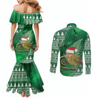 New Zealand Kakapo Christmas In July Couples Matching Mermaid Dress and Long Sleeve Button Shirt Silver Fern Santa Xmas Green Color
