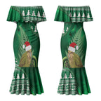 New Zealand Kakapo Christmas In July Couples Matching Mermaid Dress and Long Sleeve Button Shirt Silver Fern Santa Xmas Green Color LT22