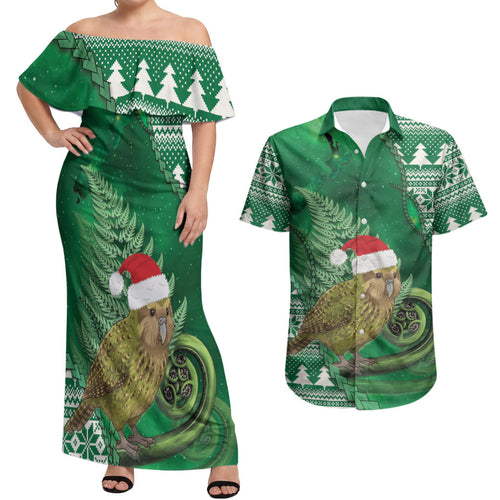 New Zealand Kakapo Christmas In July Couples Matching Off Shoulder Maxi Dress and Hawaiian Shirt Silver Fern Santa Xmas Green Color