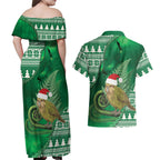 New Zealand Kakapo Christmas In July Couples Matching Off Shoulder Maxi Dress and Hawaiian Shirt Silver Fern Santa Xmas Green Color