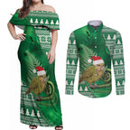 New Zealand Kakapo Christmas In July Couples Matching Off Shoulder Maxi Dress and Long Sleeve Button Shirt Silver Fern Santa Xmas Green Color