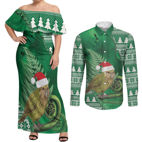 New Zealand Kakapo Christmas In July Couples Matching Off Shoulder Maxi Dress and Long Sleeve Button Shirt Silver Fern Santa Xmas Green Color