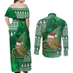 New Zealand Kakapo Christmas In July Couples Matching Off Shoulder Maxi Dress and Long Sleeve Button Shirt Silver Fern Santa Xmas Green Color