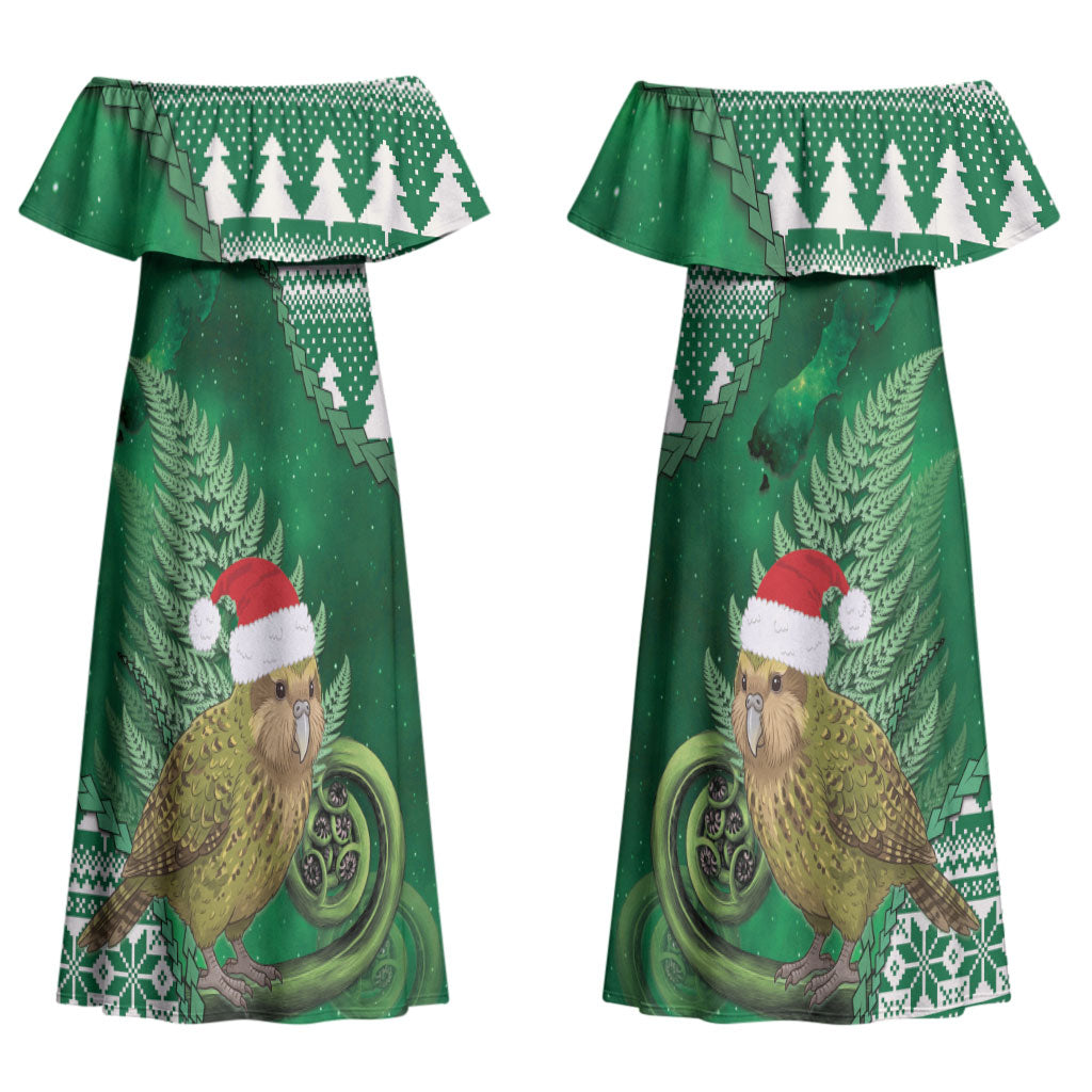 New Zealand Kakapo Christmas In July Couples Matching Off Shoulder Maxi Dress and Long Sleeve Button Shirt Silver Fern Santa Xmas Green Color LT22