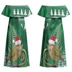New Zealand Kakapo Christmas In July Couples Matching Off Shoulder Maxi Dress and Long Sleeve Button Shirt Silver Fern Santa Xmas Green Color LT22