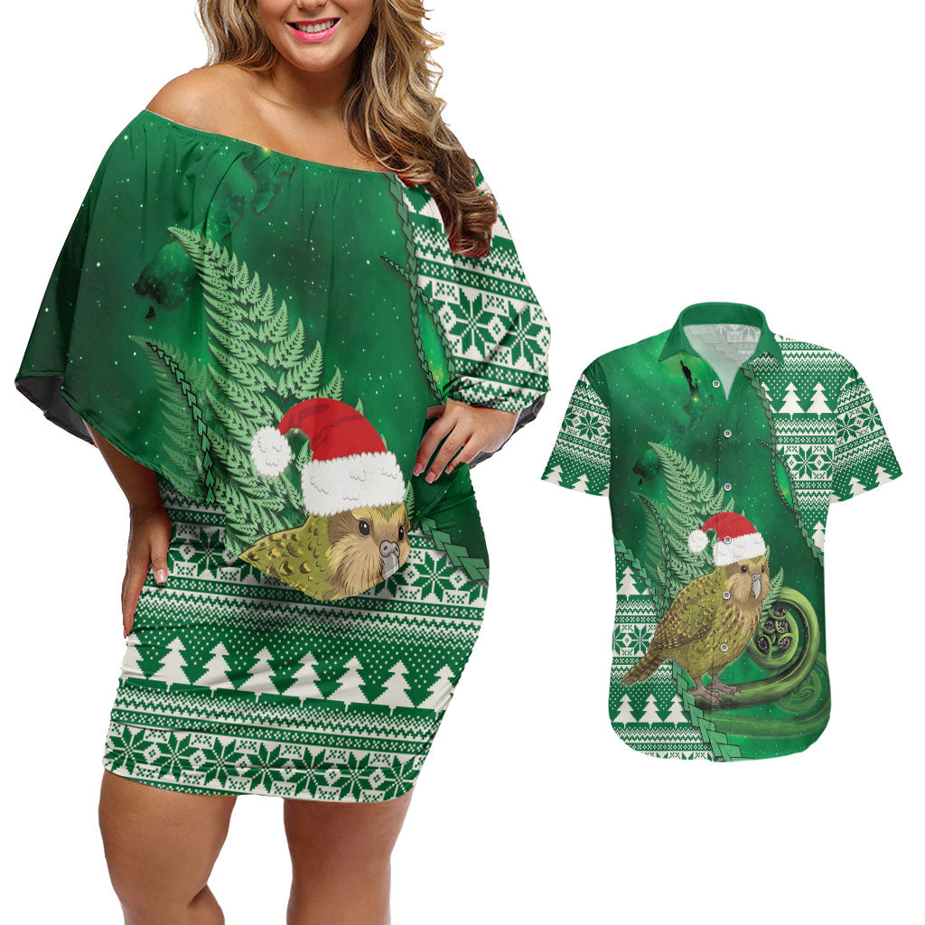 New Zealand Kakapo Christmas In July Couples Matching Off Shoulder Short Dress and Hawaiian Shirt Silver Fern Santa Xmas Green Color