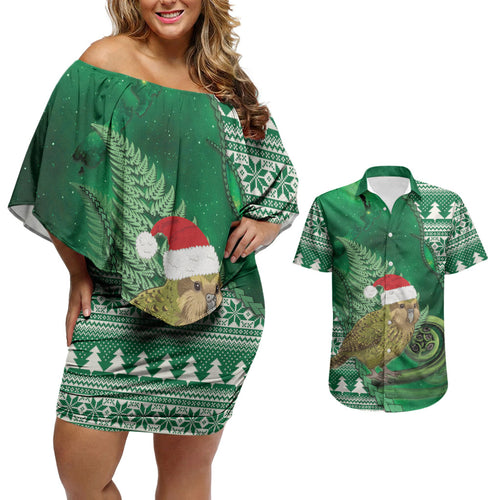 New Zealand Kakapo Christmas In July Couples Matching Off Shoulder Short Dress and Hawaiian Shirt Silver Fern Santa Xmas Green Color