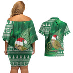 New Zealand Kakapo Christmas In July Couples Matching Off Shoulder Short Dress and Hawaiian Shirt Silver Fern Santa Xmas Green Color