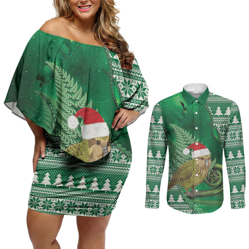 New Zealand Kakapo Christmas In July Couples Matching Off Shoulder Short Dress and Long Sleeve Button Shirt Silver Fern Santa Xmas Green Color