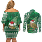 New Zealand Kakapo Christmas In July Couples Matching Off Shoulder Short Dress and Long Sleeve Button Shirt Silver Fern Santa Xmas Green Color