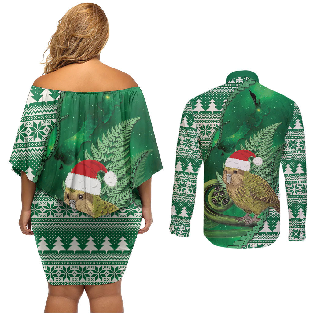 New Zealand Kakapo Christmas In July Couples Matching Off Shoulder Short Dress and Long Sleeve Button Shirt Silver Fern Santa Xmas Green Color