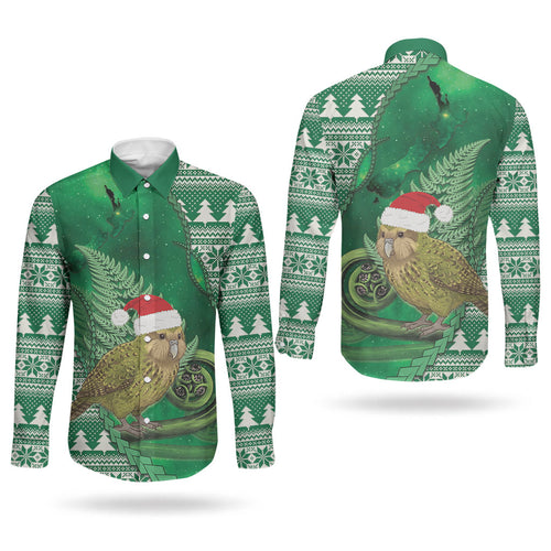 New Zealand Kakapo Christmas In July Couples Matching Off Shoulder Short Dress and Long Sleeve Button Shirt Silver Fern Santa Xmas Green Color