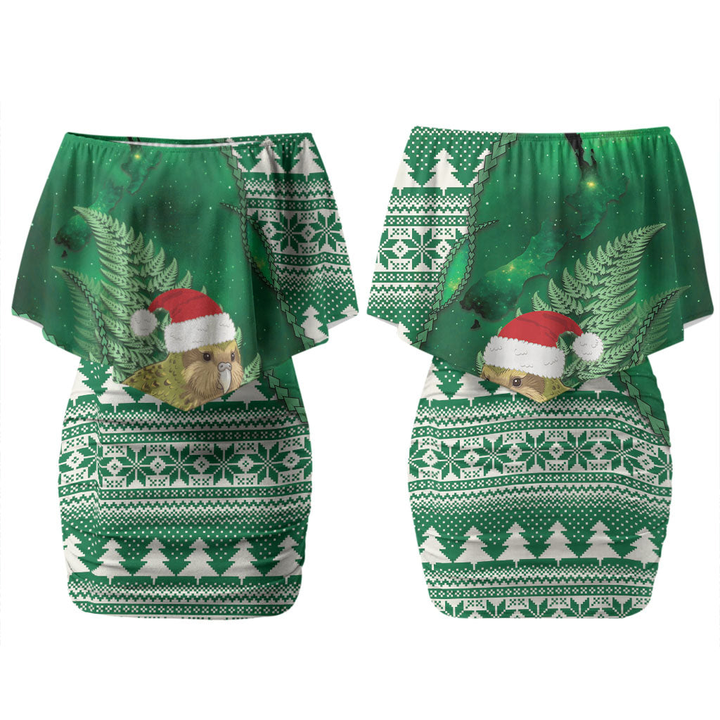 New Zealand Kakapo Christmas In July Couples Matching Off Shoulder Short Dress and Long Sleeve Button Shirt Silver Fern Santa Xmas Green Color LT22