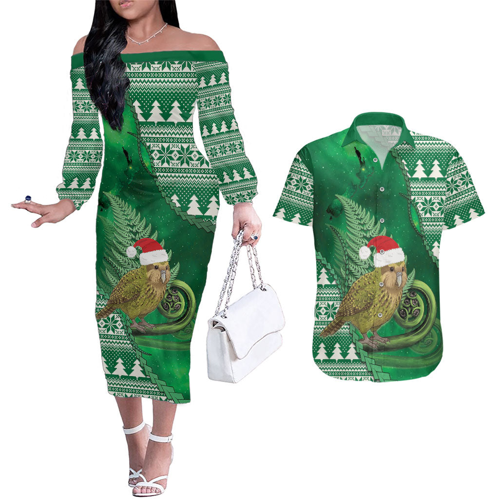 New Zealand Kakapo Christmas In July Couples Matching Off The Shoulder Long Sleeve Dress and Hawaiian Shirt Silver Fern Santa Xmas Green Color