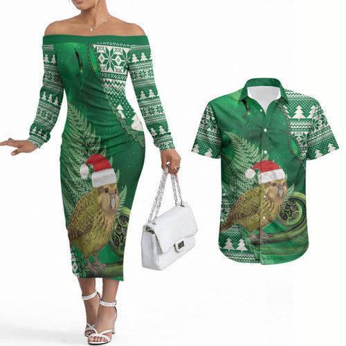 New Zealand Kakapo Christmas In July Couples Matching Off The Shoulder Long Sleeve Dress and Hawaiian Shirt Silver Fern Santa Xmas Green Color