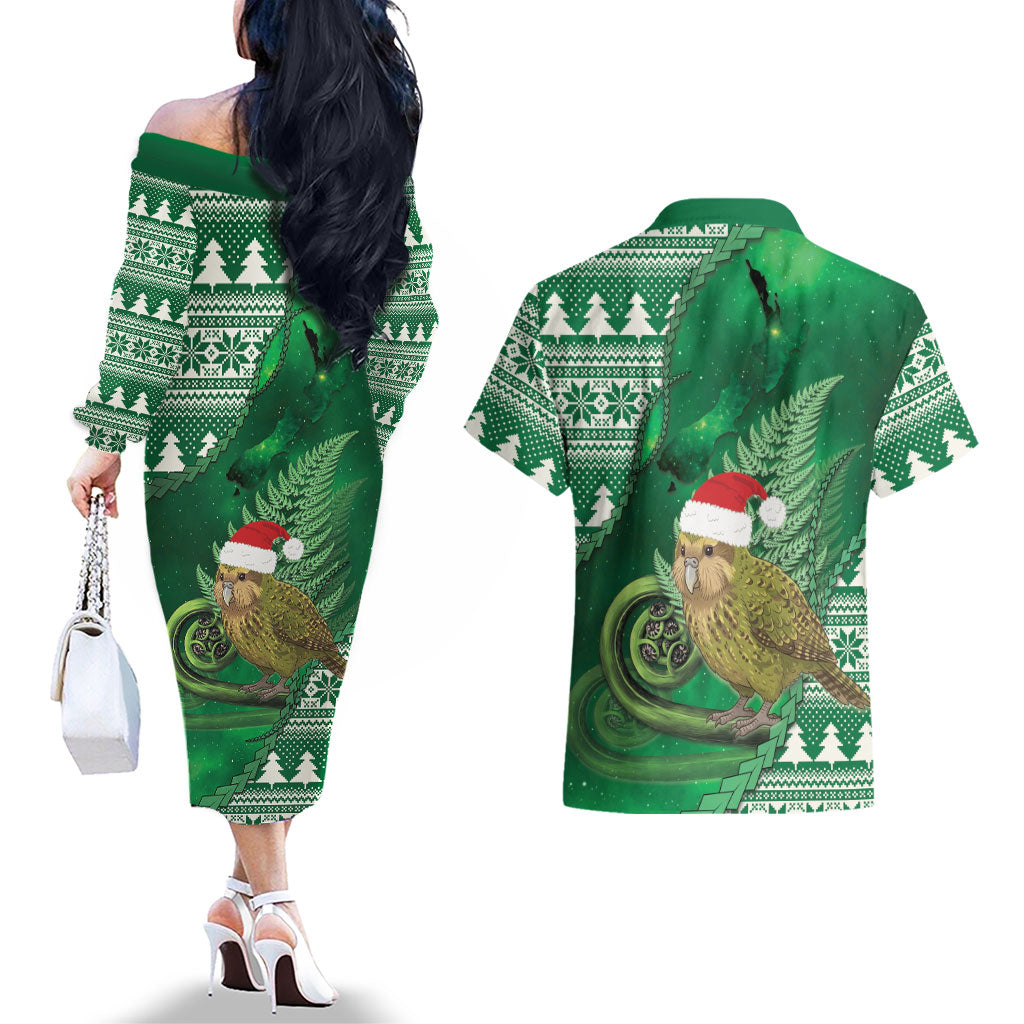 New Zealand Kakapo Christmas In July Couples Matching Off The Shoulder Long Sleeve Dress and Hawaiian Shirt Silver Fern Santa Xmas Green Color