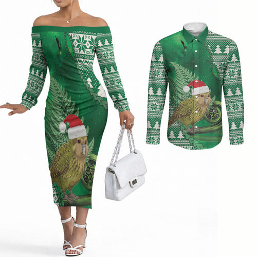 New Zealand Kakapo Christmas In July Couples Matching Off The Shoulder Long Sleeve Dress and Long Sleeve Button Shirt Silver Fern Santa Xmas Green Color