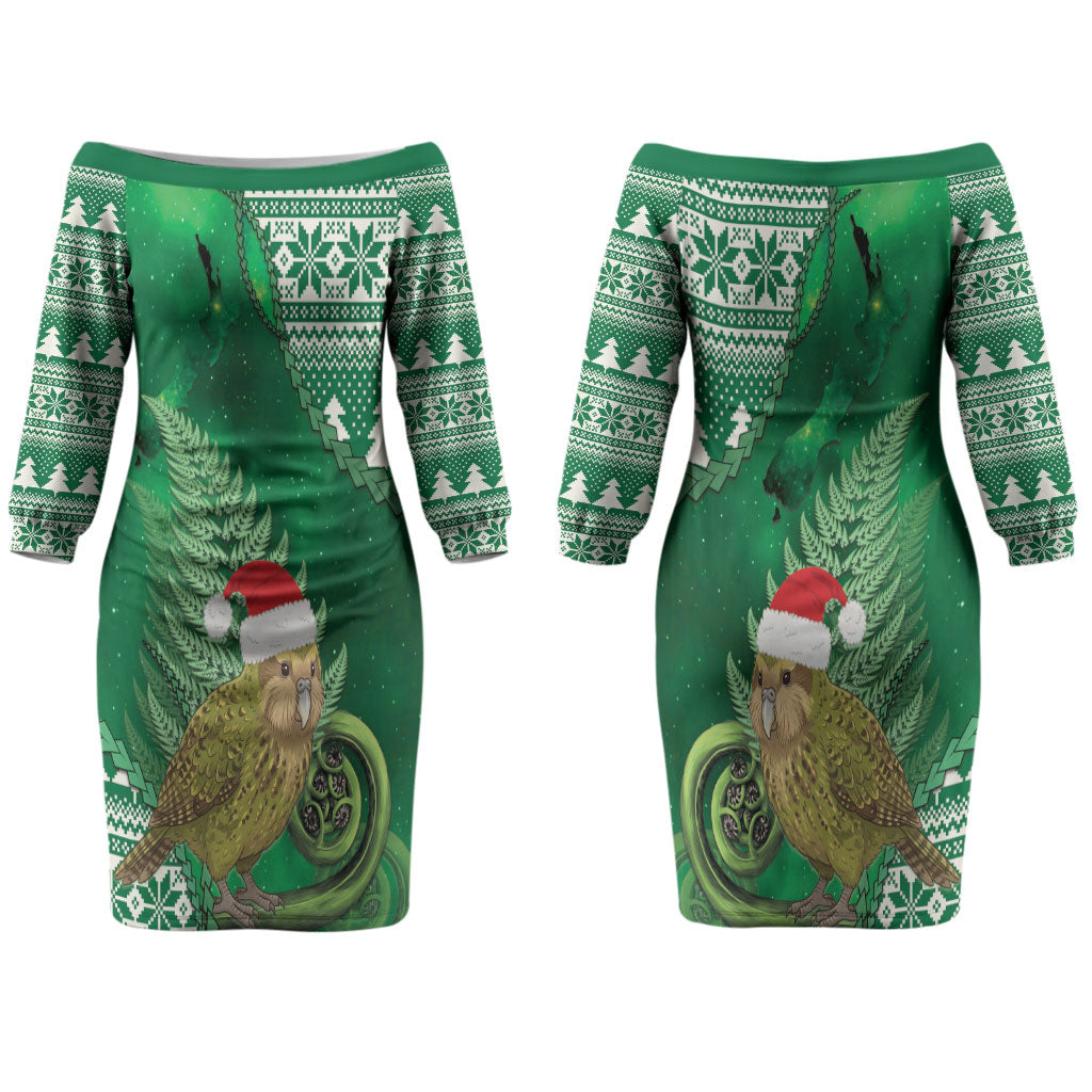 New Zealand Kakapo Christmas In July Couples Matching Off The Shoulder Long Sleeve Dress and Long Sleeve Button Shirt Silver Fern Santa Xmas Green Color LT22