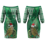 New Zealand Kakapo Christmas In July Couples Matching Off The Shoulder Long Sleeve Dress and Long Sleeve Button Shirt Silver Fern Santa Xmas Green Color LT22