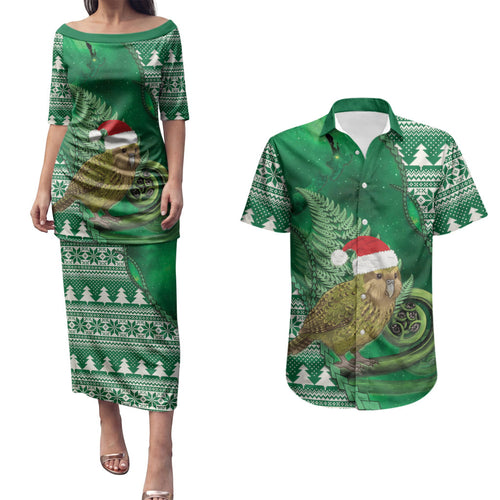 New Zealand Kakapo Christmas In July Couples Matching Puletasi and Hawaiian Shirt Silver Fern Santa Xmas Green Color
