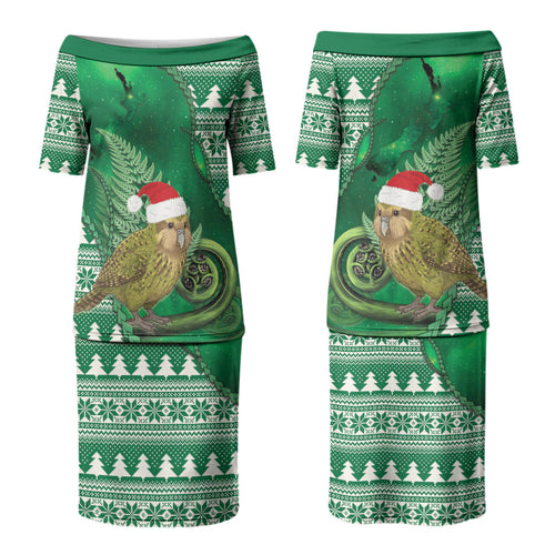 New Zealand Kakapo Christmas In July Couples Matching Puletasi and Hawaiian Shirt Silver Fern Santa Xmas Green Color LT22