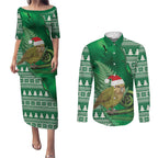 New Zealand Kakapo Christmas In July Couples Matching Puletasi and Long Sleeve Button Shirt Silver Fern Santa Xmas Green Color