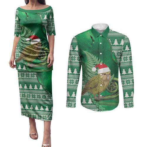 New Zealand Kakapo Christmas In July Couples Matching Puletasi and Long Sleeve Button Shirt Silver Fern Santa Xmas Green Color
