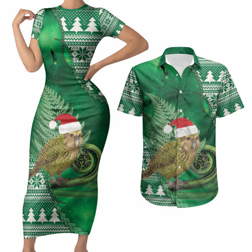 New Zealand Kakapo Christmas In July Couples Matching Short Sleeve Bodycon Dress and Hawaiian Shirt Silver Fern Santa Xmas Green Color