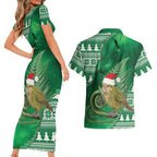 New Zealand Kakapo Christmas In July Couples Matching Short Sleeve Bodycon Dress and Hawaiian Shirt Silver Fern Santa Xmas Green Color