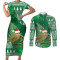 New Zealand Kakapo Christmas In July Couples Matching Short Sleeve Bodycon Dress and Long Sleeve Button Shirt Silver Fern Santa Xmas Green Color