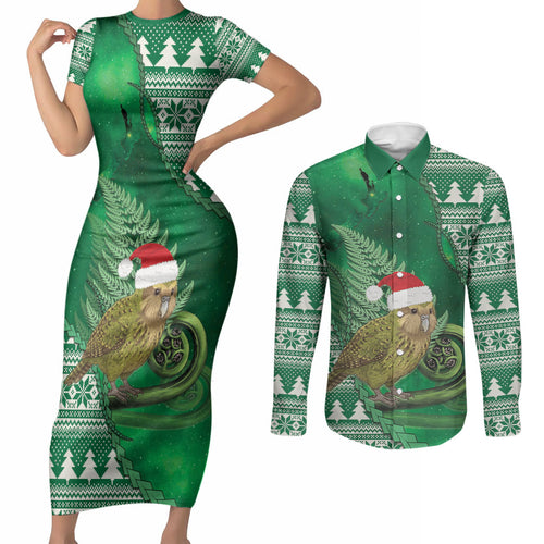 New Zealand Kakapo Christmas In July Couples Matching Short Sleeve Bodycon Dress and Long Sleeve Button Shirt Silver Fern Santa Xmas Green Color
